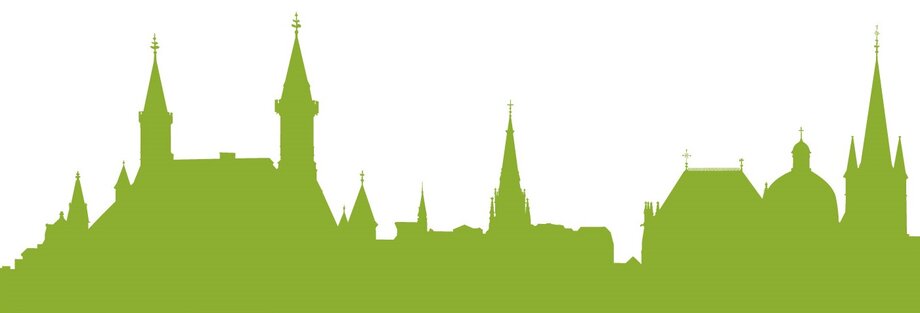 grafische Skyline der Stadt Aachen in vollflächigem katho-Grün