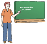 Eine Person erklärt etwas an einer Tafel.