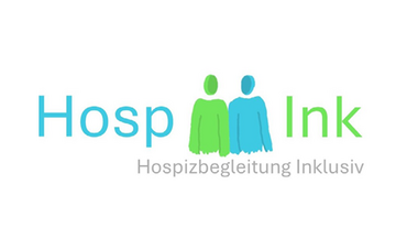Logo von HospInk. Hospizbegleitung inklusiv. Das Logo ist grün und blau. Hosp ist in blau geschrieben, dann zwei Figuren in grün und blau. Ink dahinter in blau geschrieben.