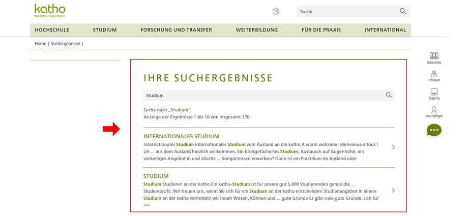Ein Bild mit den SUcheregbnissen auf der Homepage ist zu sehen.