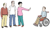 Linksim Bildstehen drei Personen eine streckt die Hand abweherend zu der Person rechts im Bild aus, welche Im Rollstuhl sitzt.