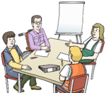 Mehrere Personen sitzen diskutierend an einem Tisch.