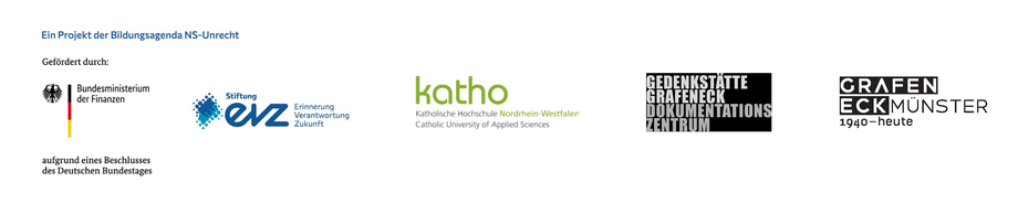 Sammlung von Logos: Bundesministerium für Finanzen, Stiftung evz, katho (Katholische Hochschule NRW), Gedenkstätte Grafeneck Dokumentationszentrum und Grafeneck 1940-heute.