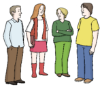 Es werden vier Menschen gezeigt, die sich miteinander unterhalten.