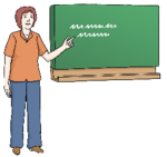 Eine Person steht vor einer Tafel auf welcher er zeigt.