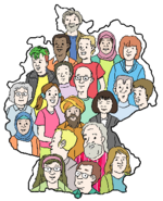 Eine Karte von Deutschland mit ganz vielen Menschen darin.