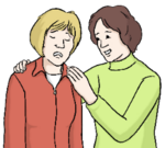 links ist eine Frau die scheinbar etwas bedrückt und von der Frau rechts im Bild getröstet wird.