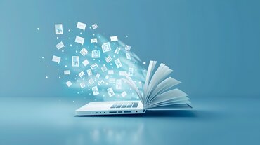 Grafik eines Laptops. Anstelle des Bildschirms ist eine geöffnete Buchhälfte zu sehen, aus der Schnipsel in Form einer Wolke herausfliegen.