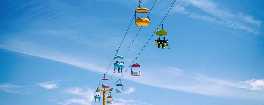 bunte Gondeln an einer Seilbahn vor blauem Himmel